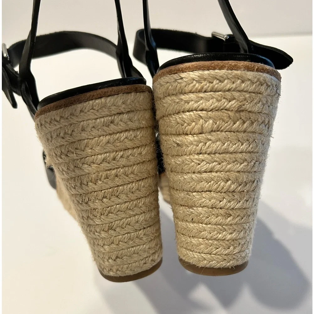 Black Leather Espadrille Wedge Sandals Adjustable Ankle Strap Sz‎ 9.5 Preowned